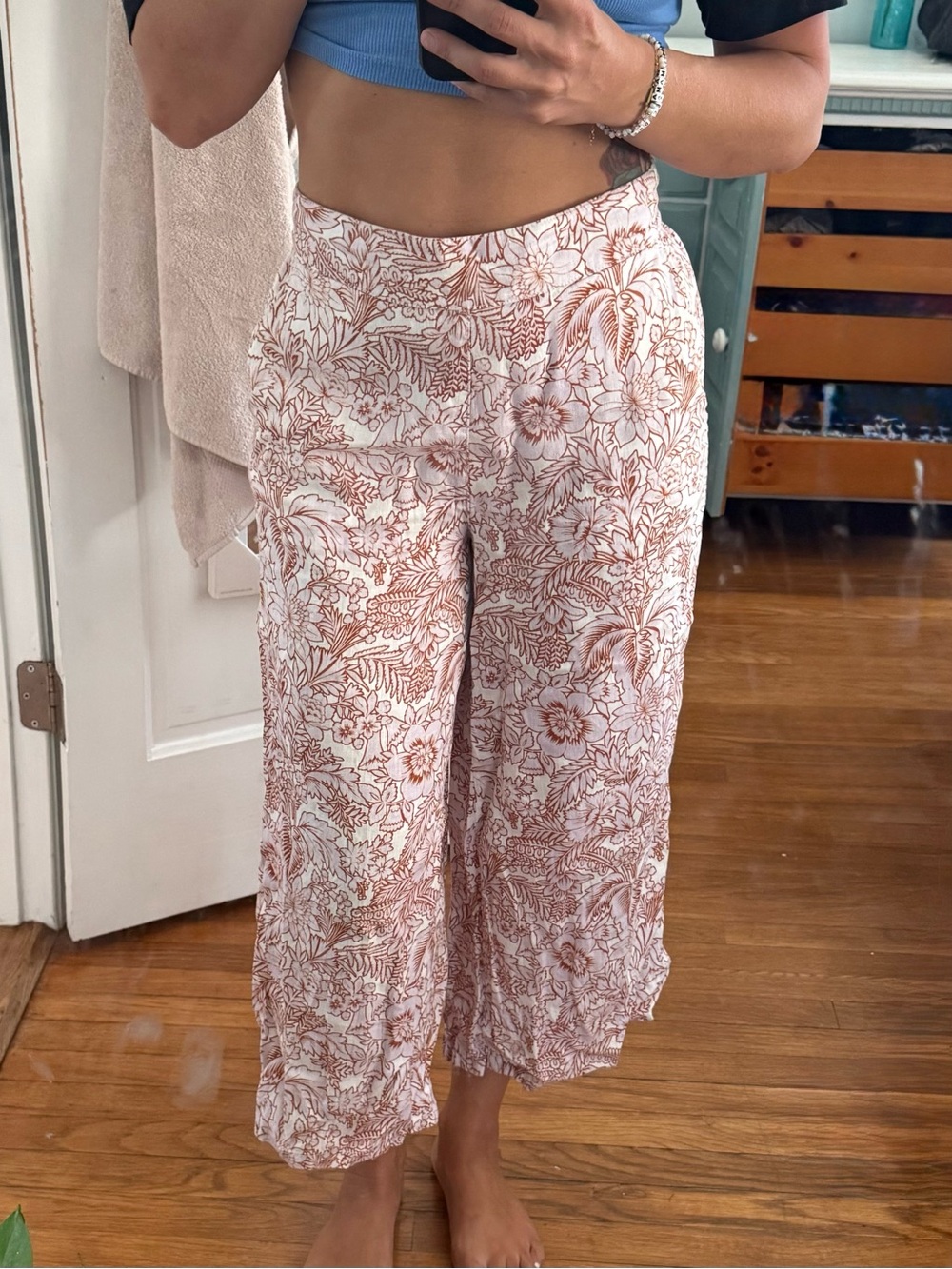 Rachel Zoe 100% Linen Floral Wide-Leg Crop Pants